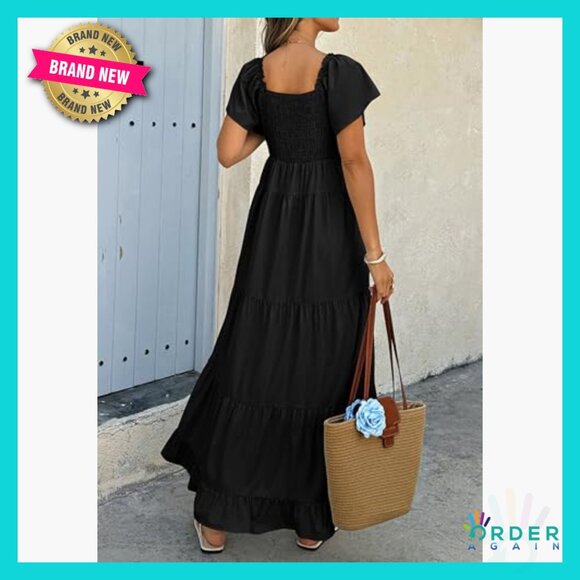 Summer Maxi Dress Flutter Sleeve V Neck Tie Front Tiered Flowy Wedding Guest - Picture 4 of 7
